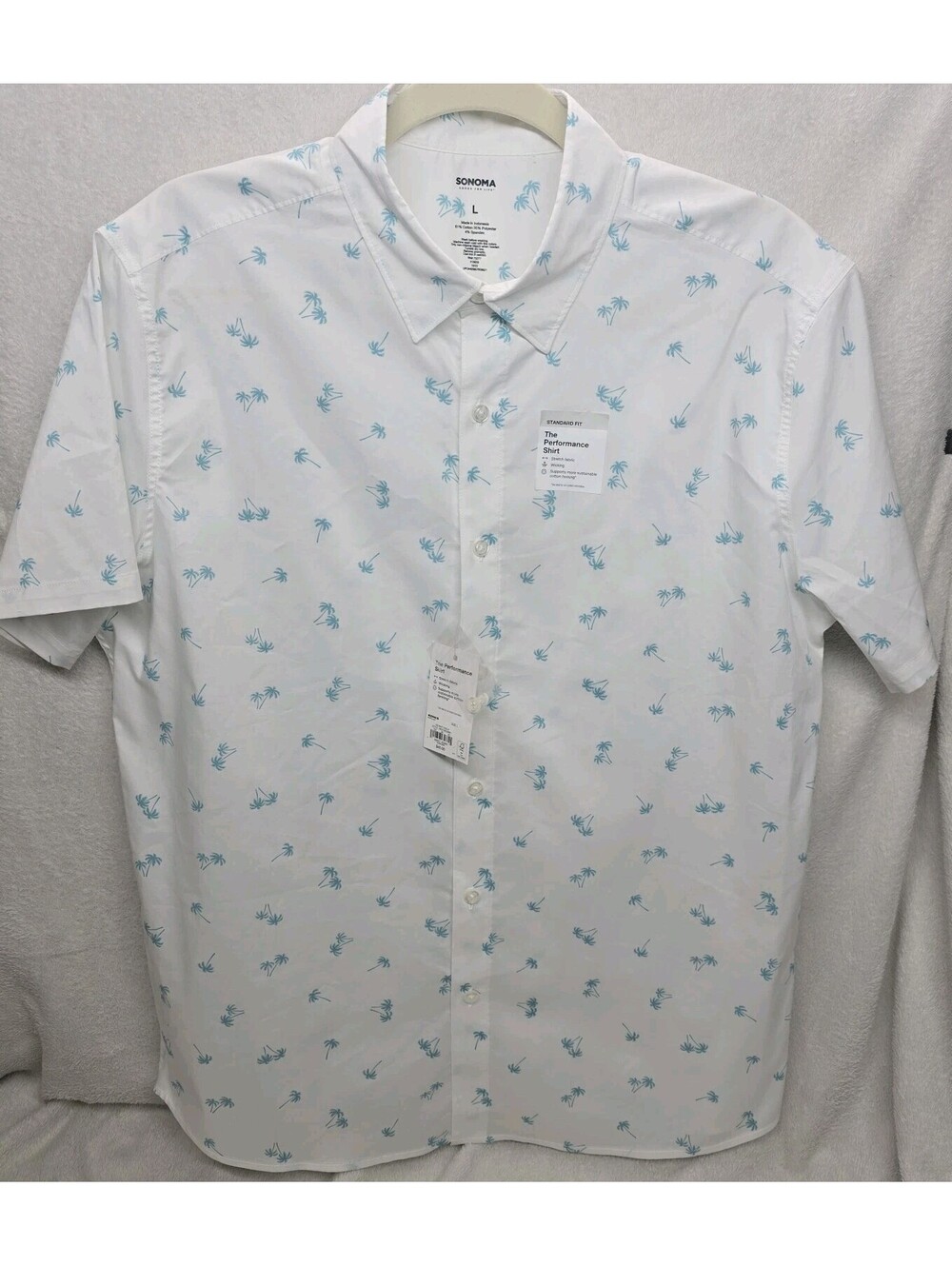 NEW SONOMA Mens L Performance White Shirt Palm Tree Print Short Sleeve Button Up